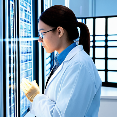 Home 22 A highly focused professional scientist, wearing a pristine lab coat and modest professional clothing, stands in a brightly lit, futuristic genomics laboratory. The scientist is looking intently at a large transparent display showing complex genetic sequencing data and 3D molecular structures. In the background, advanced gene editing equipment and analytical instruments are visible, bathed in cool, precise lighting. The atmosphere is one of groundbreaking scientific discovery and innovation. fully clothed, modest clothing, appropriate attire, professional dress, perfect anatomy, correct proportions, natural pose, well-formed hands, proper finger count, natural body proportions, safe for work, appropriate content, professional, high quality, realistic photography, sharp focus.