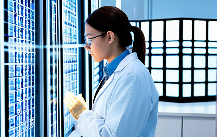 A highly focused professional scientist, wearing a pristine lab coat and modest professional clothing, stands in a brightly lit, futuristic genomics laboratory. The scientist is looking intently at a large transparent display showing complex genetic sequencing data and 3D molecular structures. In the background, advanced gene editing equipment and analytical instruments are visible, bathed in cool, precise lighting. The atmosphere is one of groundbreaking scientific discovery and innovation. fully clothed, modest clothing, appropriate attire, professional dress, perfect anatomy, correct proportions, natural pose, well-formed hands, proper finger count, natural body proportions, safe for work, appropriate content, professional, high quality, realistic photography, sharp focus.