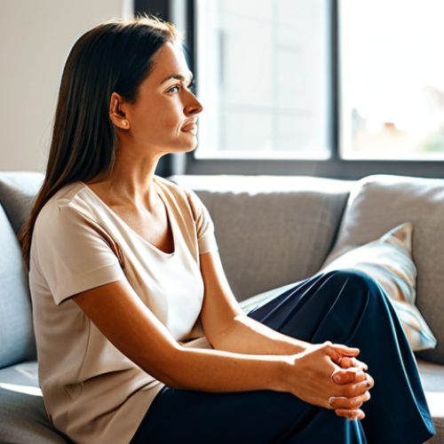 Home 21 A thoughtful adult person, fully clothed in modest, comfortable professional attire, sits comfortably in a sunlit modern living room. The person has a calm, reflective expression, symbolizing inner strength and emotional well-being. The atmosphere is peaceful and hopeful, representing resilience in the face of chronic illness. The focus is on the individual's mental fortitude and quiet determination. Perfect anatomy, correct proportions, natural pose, well-formed hands, proper finger count. Professional photography, high quality, safe for work, appropriate content, fully clothed, modest, family-friendly.