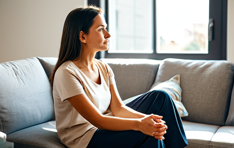 A thoughtful adult person, fully clothed in modest, comfortable professional attire, sits comfortably in a sunlit modern living room. The person has a calm, reflective expression, symbolizing inner strength and emotional well-being. The atmosphere is peaceful and hopeful, representing resilience in the face of chronic illness. The focus is on the individual's mental fortitude and quiet determination. Perfect anatomy, correct proportions, natural pose, well-formed hands, proper finger count. Professional photography, high quality, safe for work, appropriate content, fully clothed, modest, family-friendly.