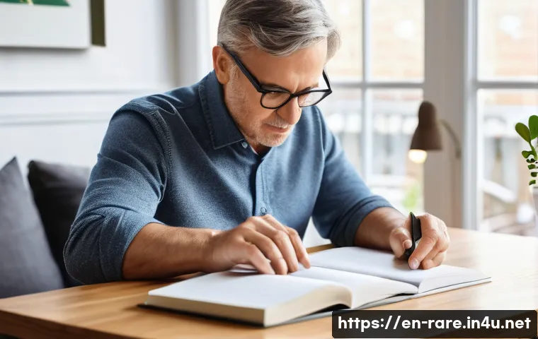 파킨슨병 운동치료 효과 - A middle-aged man practicing slow, controlled finger tapping exercises at a wooden table in a bright...