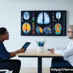 다발성 경화증 치료 기술 비교 - A modern medical clinic scene showing a diverse group of adult patients consulting with a neurologis...