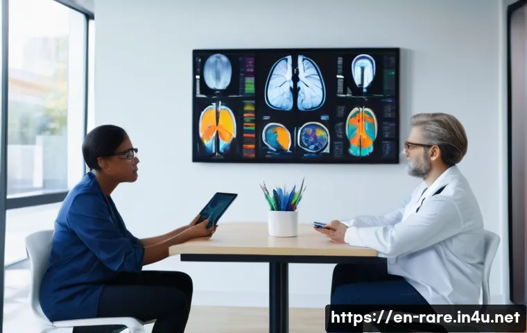 다발성 경화증 치료 기술 비교 - A modern medical clinic scene showing a diverse group of adult patients consulting with a neurologis...