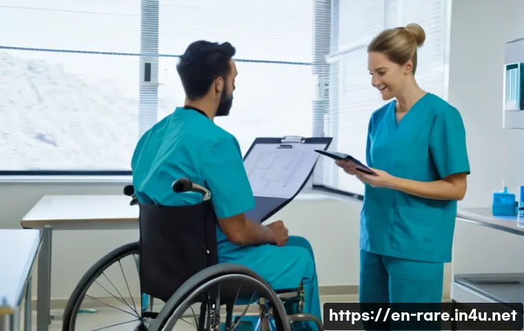 루게릭병 환자와 가족을 위한 도움 - A compassionate multidisciplinary ALS care team in a modern hospital setting, featuring a neurologis...