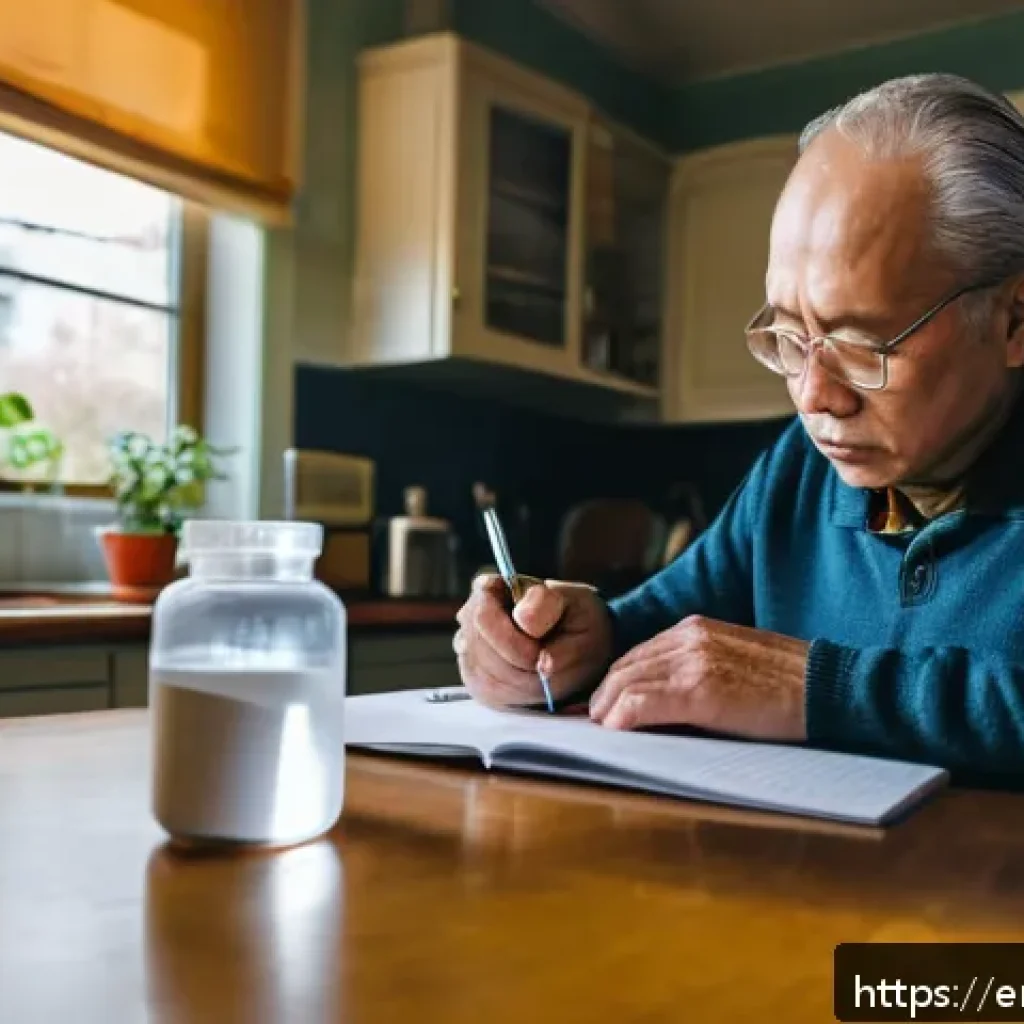파킨슨병 약물 부작용 관리 - A middle-aged man sitting at a kitchen table, carefully writing in a symptom and medication journal,...