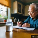 파킨슨병 약물 부작용 관리 - A middle-aged man sitting at a kitchen table, carefully writing in a symptom and medication journal,...