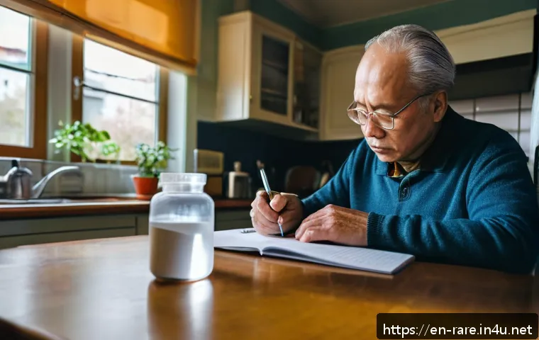 파킨슨병 약물 부작용 관리 - A middle-aged man sitting at a kitchen table, carefully writing in a symptom and medication journal,...