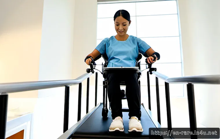 난치성 장애 의료기술 최신 동향 - Photorealistic advanced rehabilitation clinic, a diverse adult patient with a chronic mobility disab...