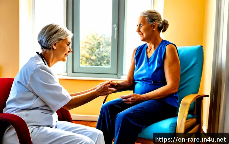 루게릭병 증상 완화 방법 - Photorealistic home physical therapy scene for ALS symptom comfort, an older adult fully clothed in ...