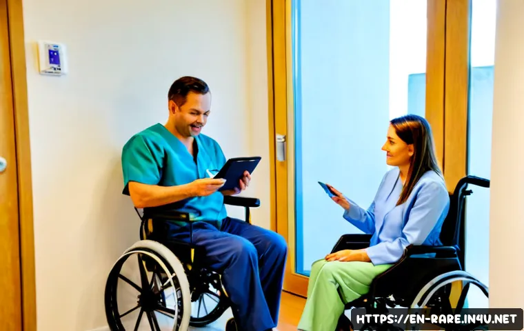 루게릭병 환자용 전문 센터 추천 - Photorealistic specialized neuromuscular care center consultation, an adult ALS patient fully clothe...