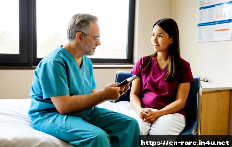 희귀 난치병 환자 지원 정책 - Photorealistic hospital consultation scene in a modern American medical center, a middle-aged patien...