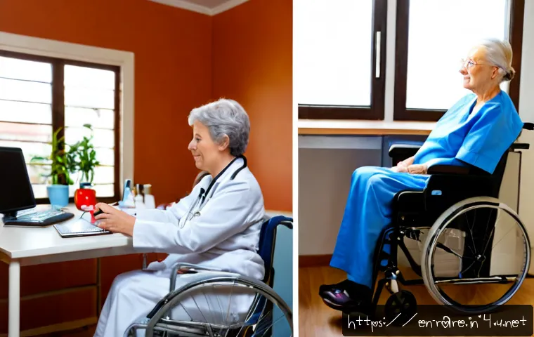 난치성 장애와 노인성 질환 차이점 - Photorealistic split-scene healthcare comparison: on the left, a middle-aged adult using a wheelchai...