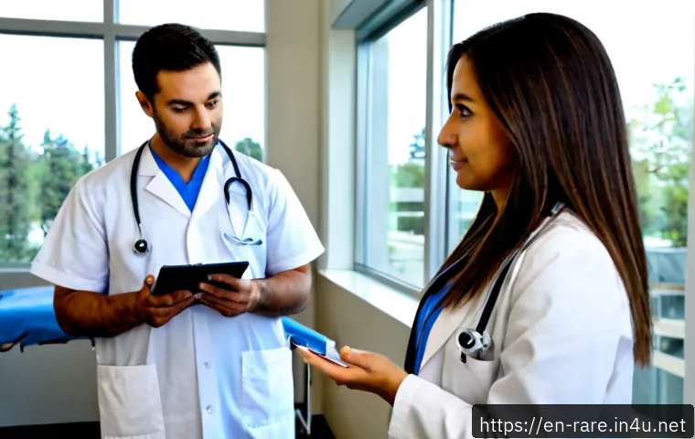 난치병 진단 병원 추천 - Photorealistic hospital consultation scene in a modern American academic medical center, compassiona...